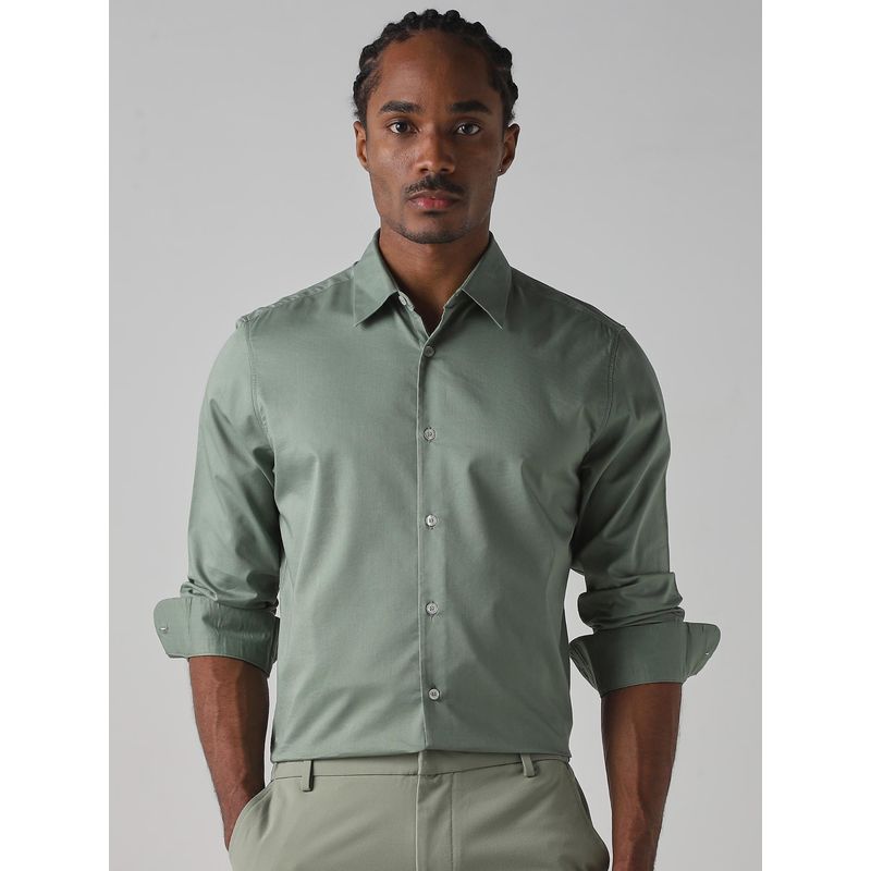 Mufti Light Sage Green Solid Men Shirt (M)