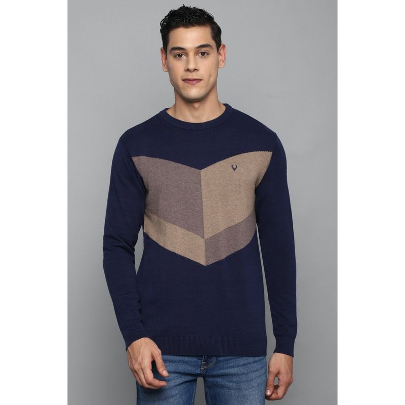 Allen Solly Men Navy Colorblock Crew Neck Full Sleeves Sweater (S)