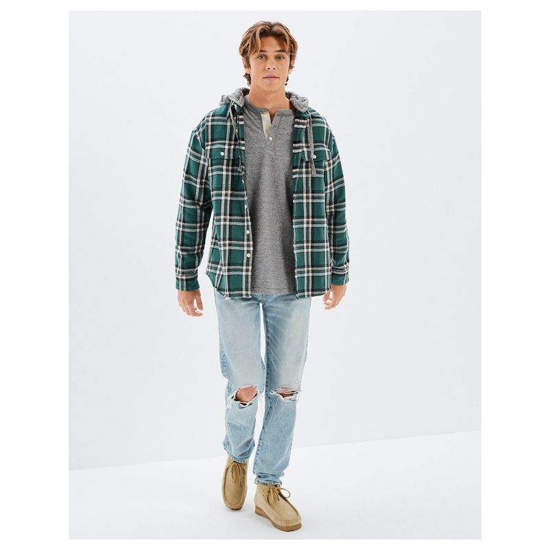 American Eagle Men Green Super Soft Hooded Flannel Shirt (M)