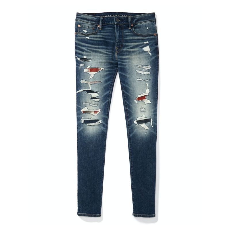 American Eagle Men Blue AirFlex+ Patched Skinny Jeans (31)