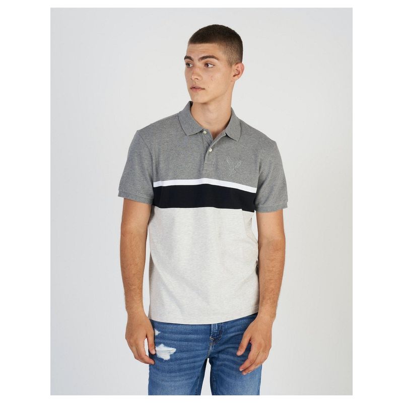 American Eagle Men Grey Striped Colorblock Icon Polo T-Shirt (XS)