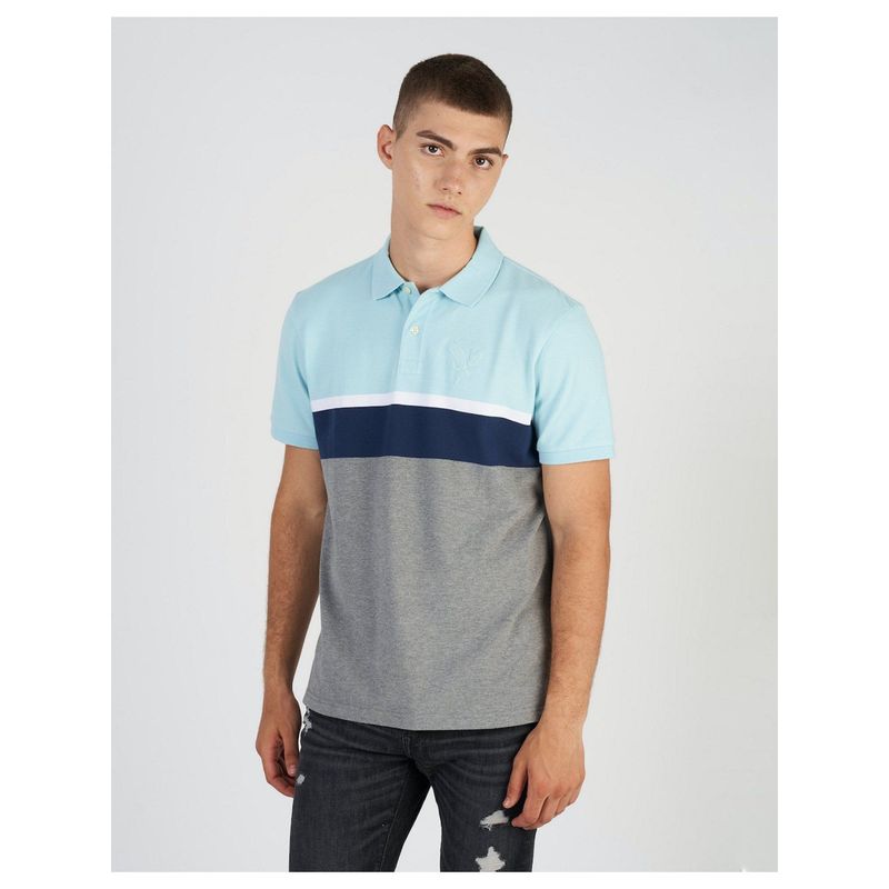 American Eagle Men Blue Striped Colorblock Icon Polo T-Shirt (S)