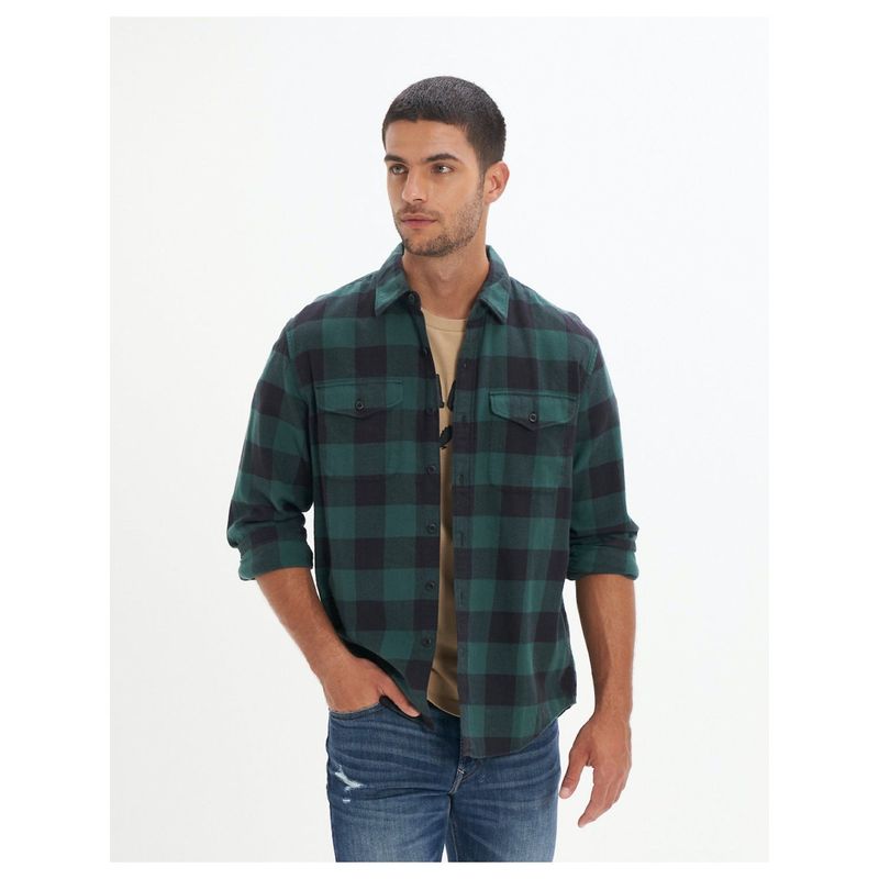 American Eagle Men Green Super Soft Plaid Flannel Shirt (M)