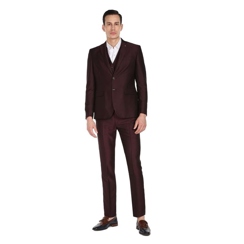 Arrow Men Maroon Dobby Weave Tailored Fit Three Piece Suit