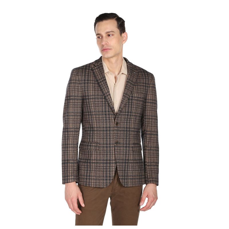 Arrow Men Brown Plaid Check Zero Calorie Fit Formal Blazer