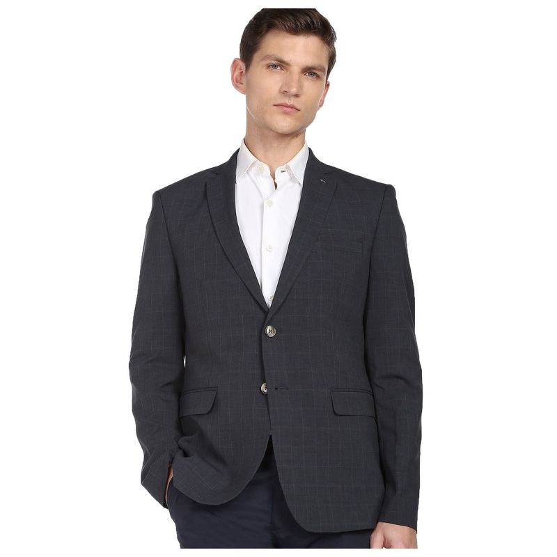 Arrow Men Charcoal Windowpane Check Single Breasted Blazer