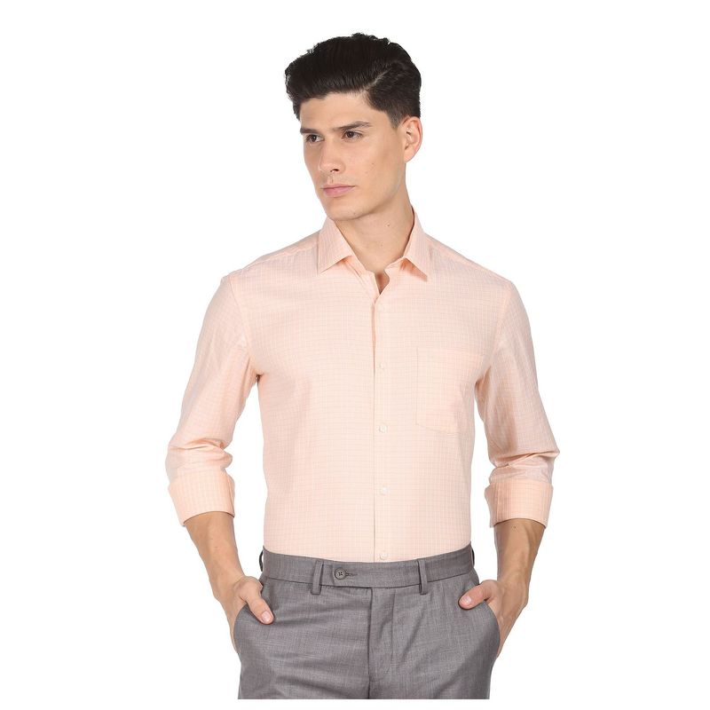 Arrow Men Light Orange Micro Check Manhattan Slim Fit Formal Shirt