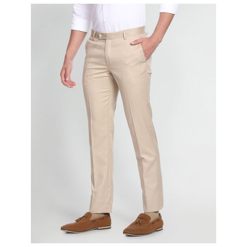 Arrow Beige Tailored Regular Fit Solid Formal Trousers (30)