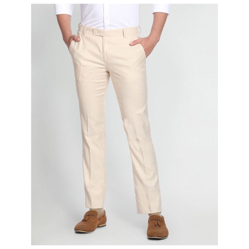 Arrow Beige Tailored Regular Fit Heathered Formal Trousers (34)