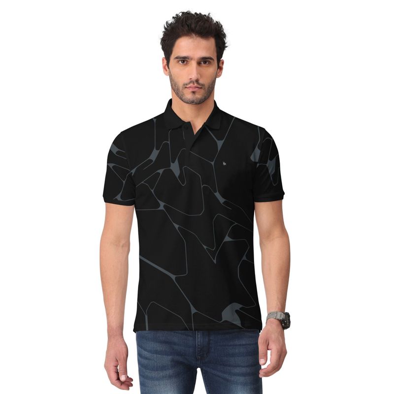 BULLMER Men Black Trendy Printed Half Sleeve Collar Neck T-Shirt (L)