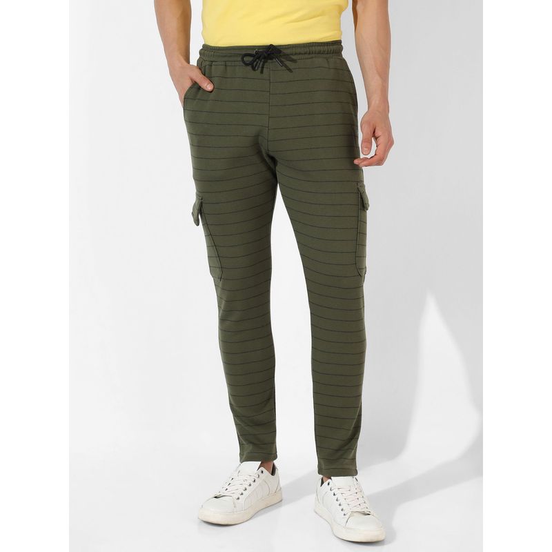 Campus Sutra Men Olive Green Striped Regular Fit Trackpants(M)
