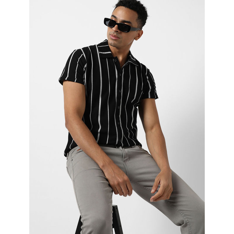 CAHOOT Men Black Striped Regular Fit Casual Shirt(L)