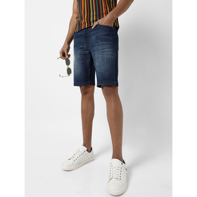 Campus Sutra Mens Classic Blue Medium Washed Regular Fit Denim Shorts (32)