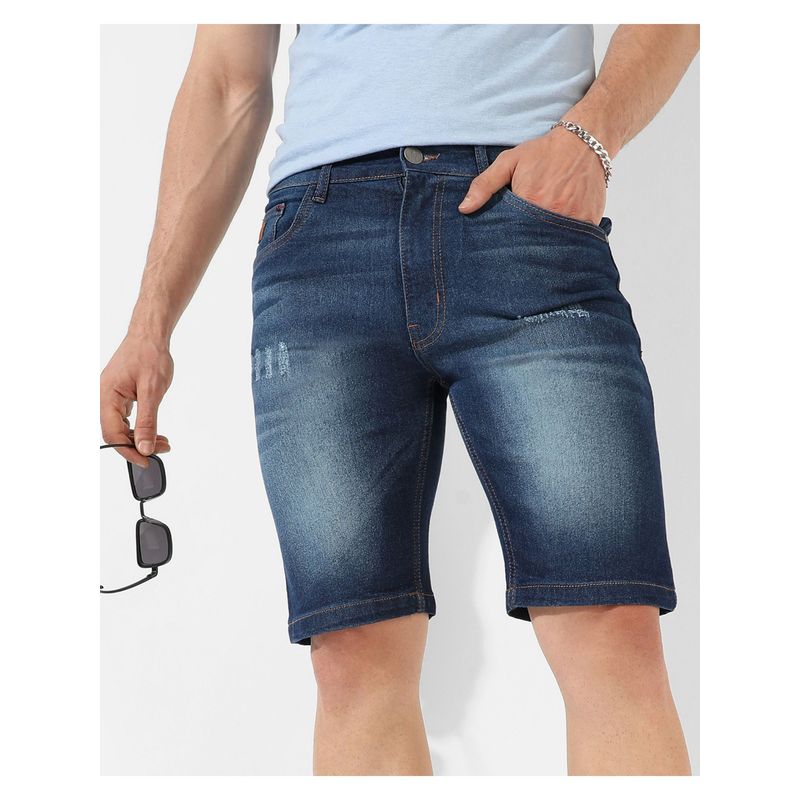 Campus Sutra Mens Classic Dark Blue Dark Washed Regular Fit Denim Shorts (30)