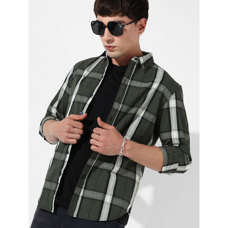 Campus Sutra Mens Tartan Plaid Dark Green Shirt (XL)