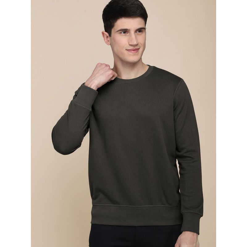 Free Authority Men Green Coloured Solid Pullover Sweatshirt (L) (L)