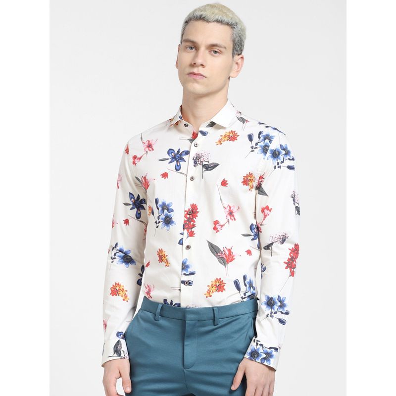 Jack & Jones White Floral Print Full Sleeves Shirt (S)