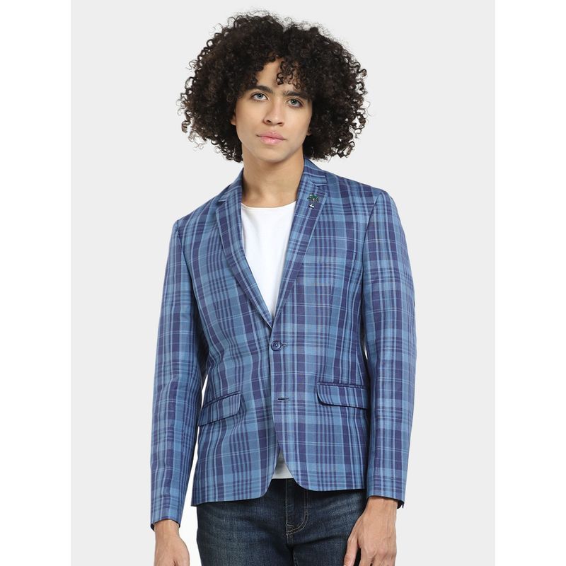 Jack & Jones Blue Check Print Linen Blazer -50