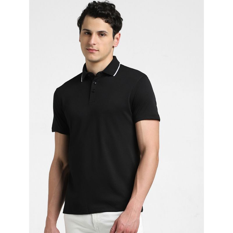 Jack & Jones Men Solid Black Polo T-Shirt (L)