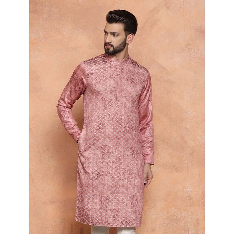 KISAH Men Pink Embroidery Cotton Blend Kurta with Sequinned (L)