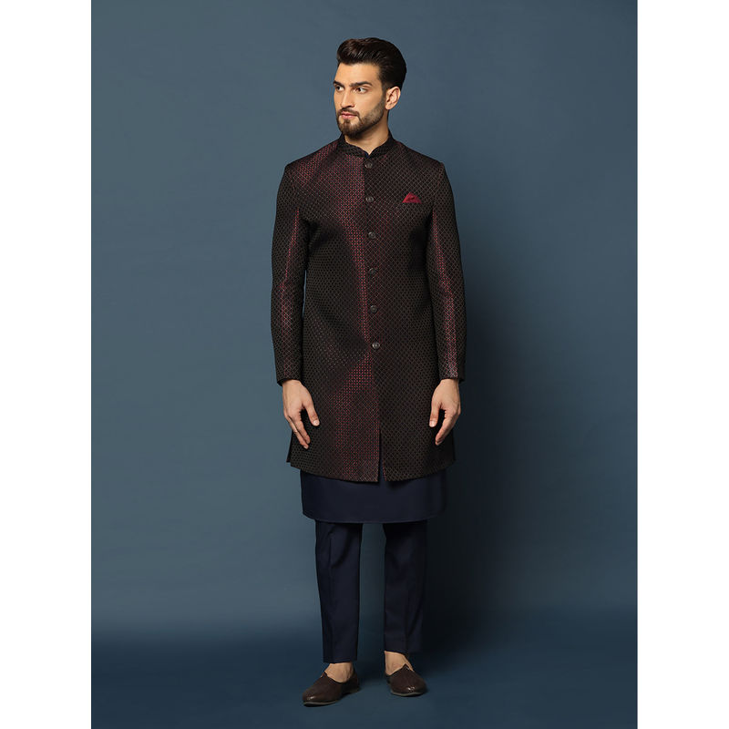 KISAH Men Purple Textured Silk Blend Jacquard Kurta Indowestern Sherwani Trouser Set with Abstract Print (40)