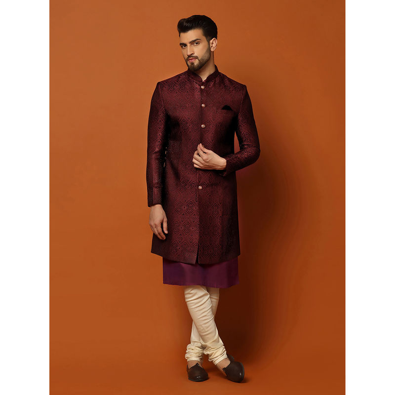 KISAH Men Maroon Silk Blend Jacquard Kurta Indowestern Sherwani Churidar Set with Geometric Pattern (44)