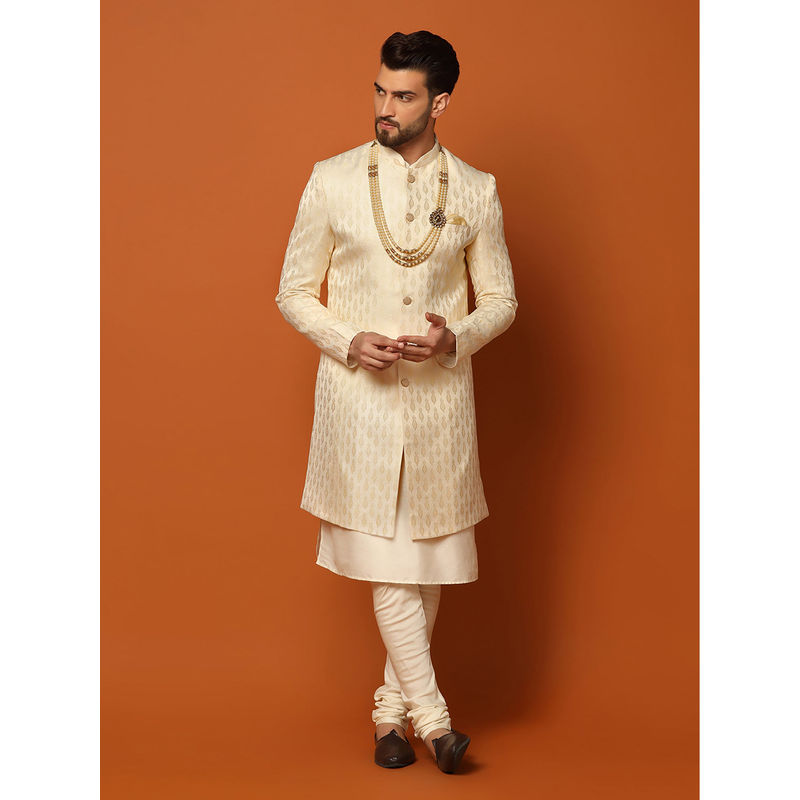KISAH Men Cream Textured Silk Blend Jacquard Kurta Indowestern Sherwani Churidar Set with Ethnic Motifs (38)