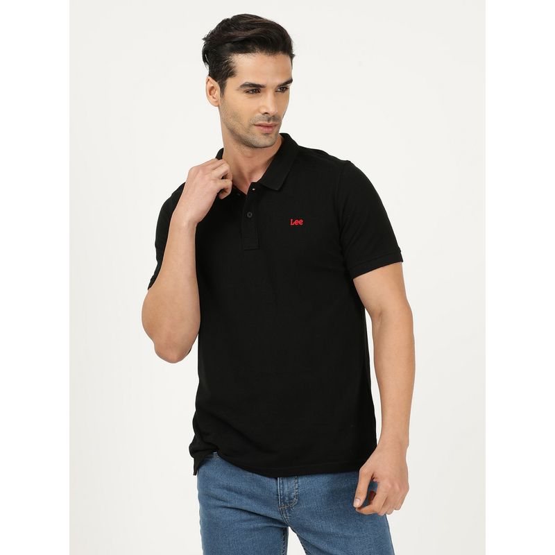 Lee Men Solid Black Polo T-Shirt (S)