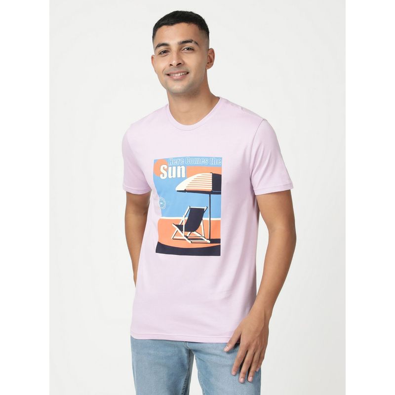 Lee Men Graphic Print Purple Crew Neck T-Shirt (Slim) (S)