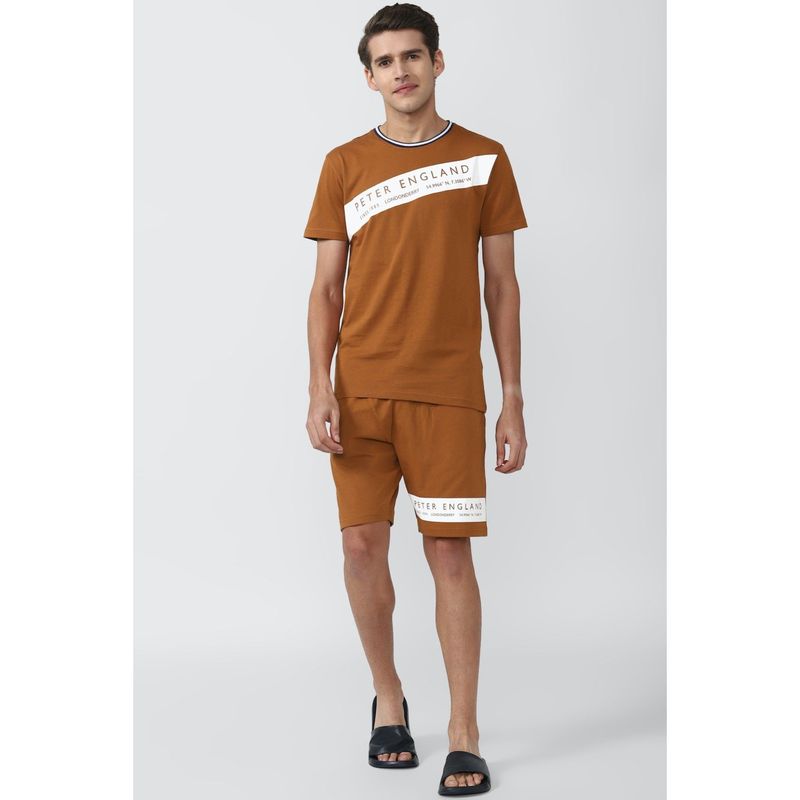 Peter England Men Brown Graphic Print Casual T Shirt and Shorts (Set of 2) (S)