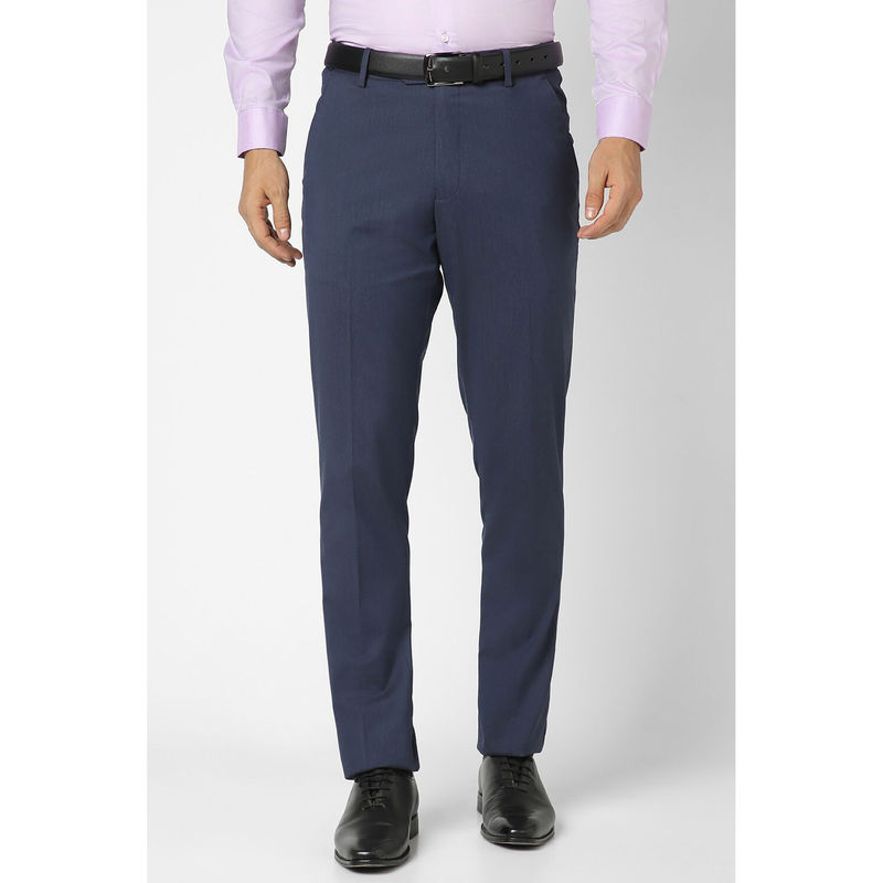 Peter England Men Navy Textured Slim Fit Formal Trousers (38)