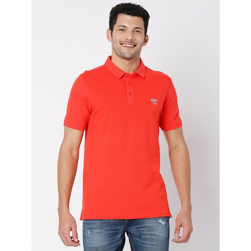 Spykar Deep Coral Cotton Half Sleeve Plain Casual T-Shirt for Men (L)