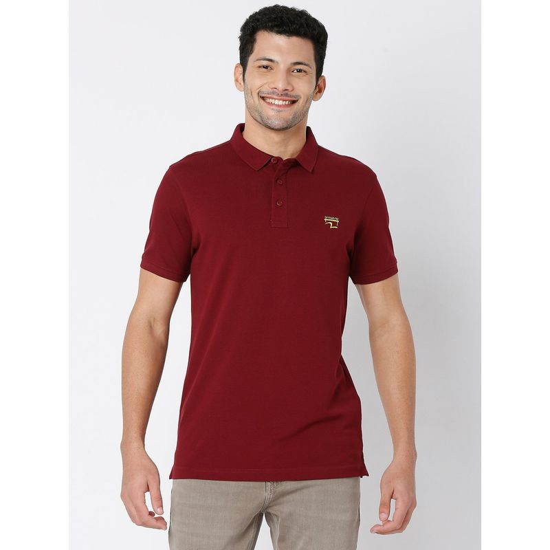 Spykar Wine Cotton Half Sleeve Plain Casual T-Shirt for Men (S)