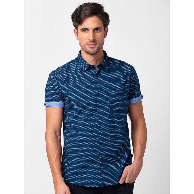 Spykar Navy Blue Half Sleeves Oxford Shirt For Men (2XL)