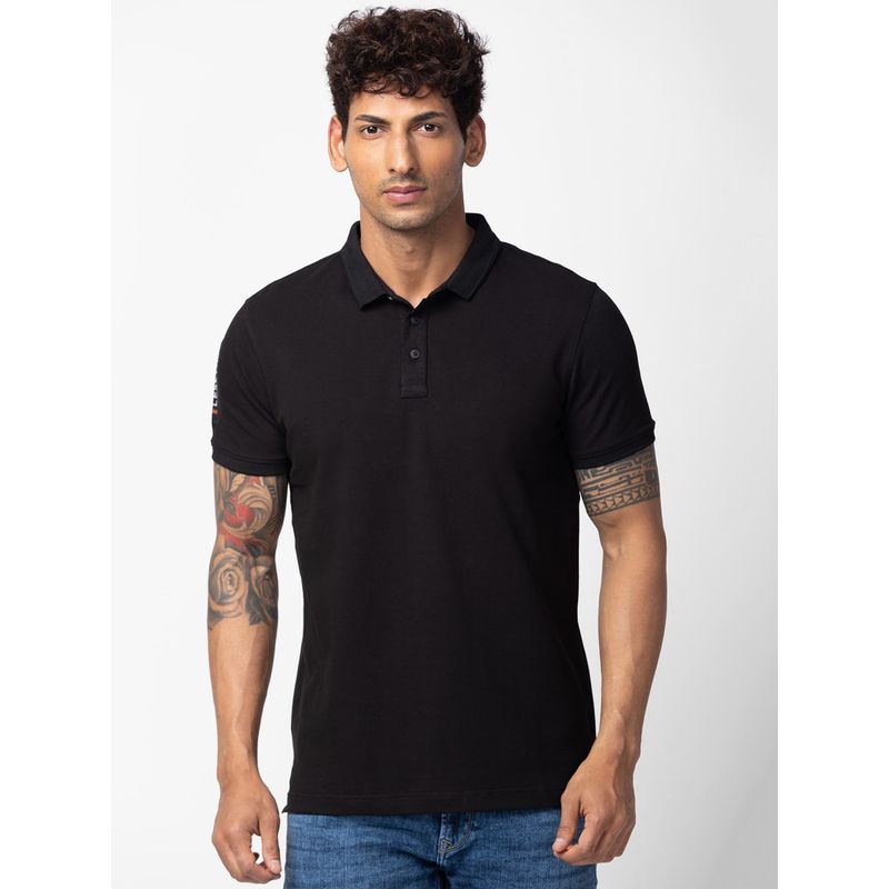 Spykar Black Polo Collar Half Sleeves Blended T-Shirt For Men (M)