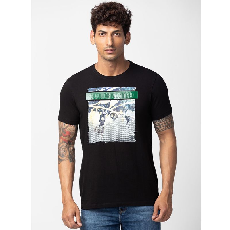 Spykar Black Round Neck Half Sleeves Blended T-Shirt For Men (L)