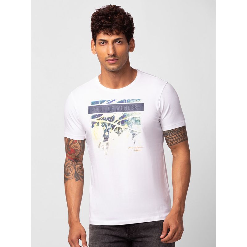Spykar White Round Neck Half Sleeves Blended T-Shirt For Men (2XL)