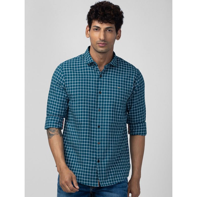 Spykar Men Teal Blue Cotton Regular Slim Fit Checkered Shirt (2XL)