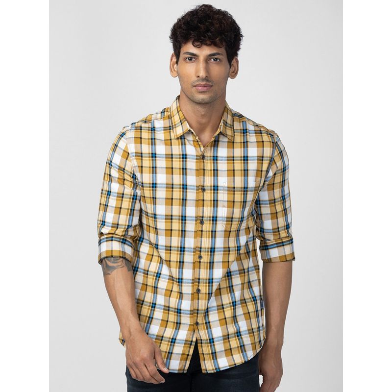 Spykar Men Camel Khaki Cotton Slim Fit Checkered Shirt (S)
