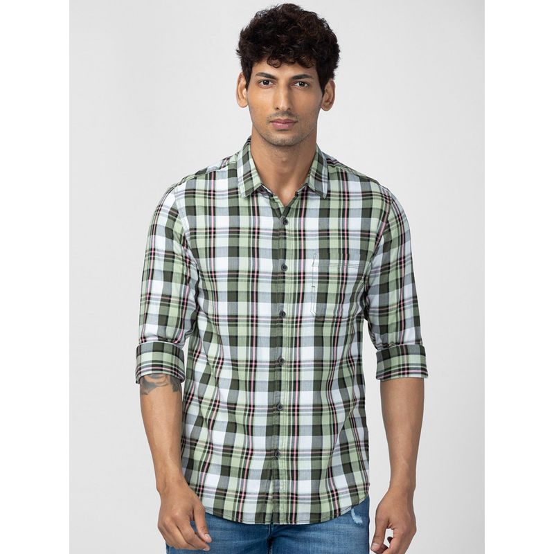 Spykar Men Olive Green Cotton Slim Fit Checkered Shirt (L)