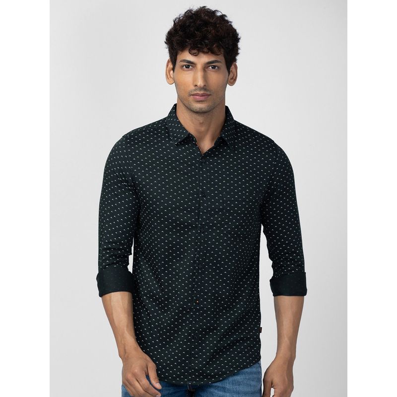 Spykar Men Bottle Green Cotton Slim Fit Printed Shirt (L)