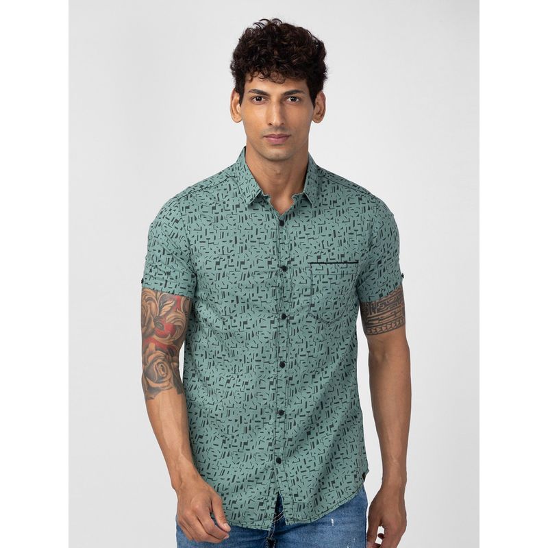 Spykar Men Sage Green Cotton Slim Fit Printed Shirt (M)
