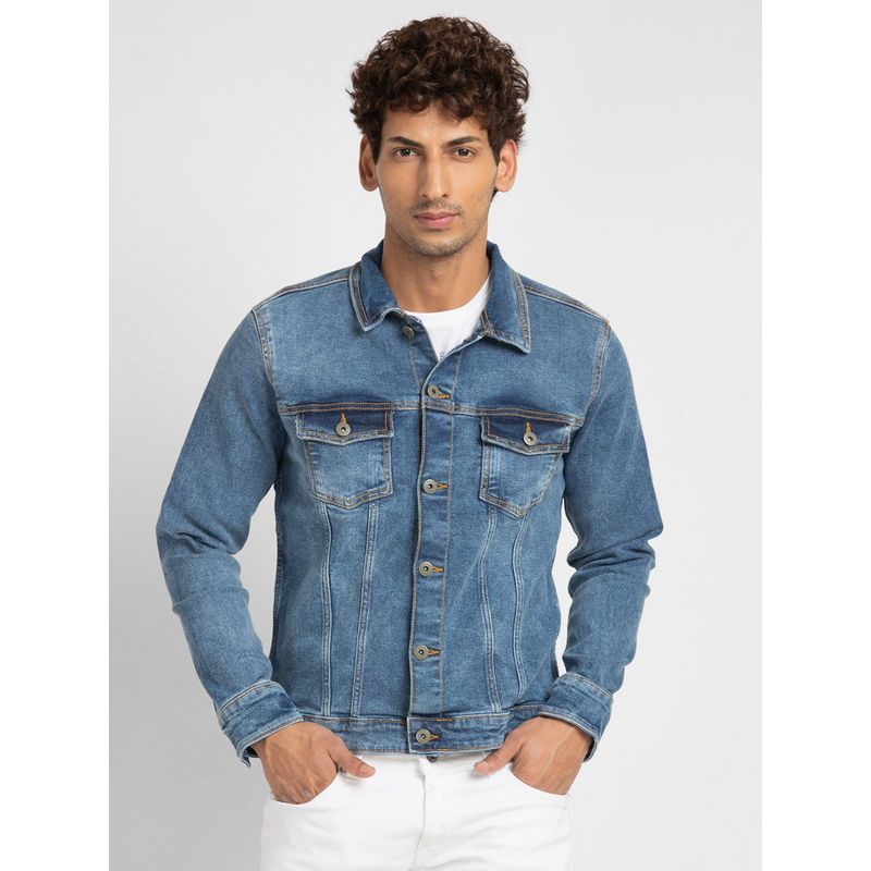 Spykar Men Mid Blue Cotton Slim Fit Denim Jacket (M)
