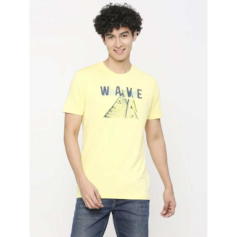 Spykar Men Powder Yellow Cotton Slim Fit Round Neck Printed T-Shirt (2XL)