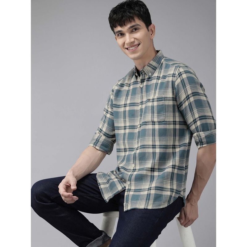 The Bear House Men Blue & white Checked Slim Fit Flannel Casual Shirt (M)