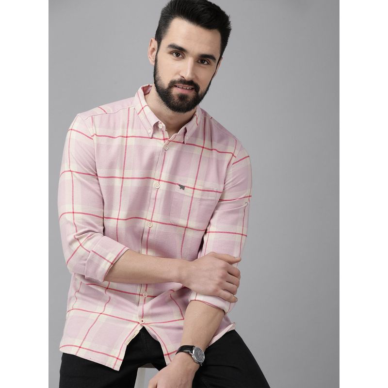 The Bear House Men Pink Checked Cotton Casual Shirt (L)
