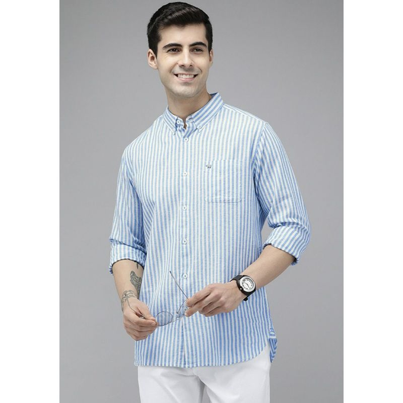 The Bear House Men Blue Slim Striped Cotton Linen Casual Shirt (3XL)