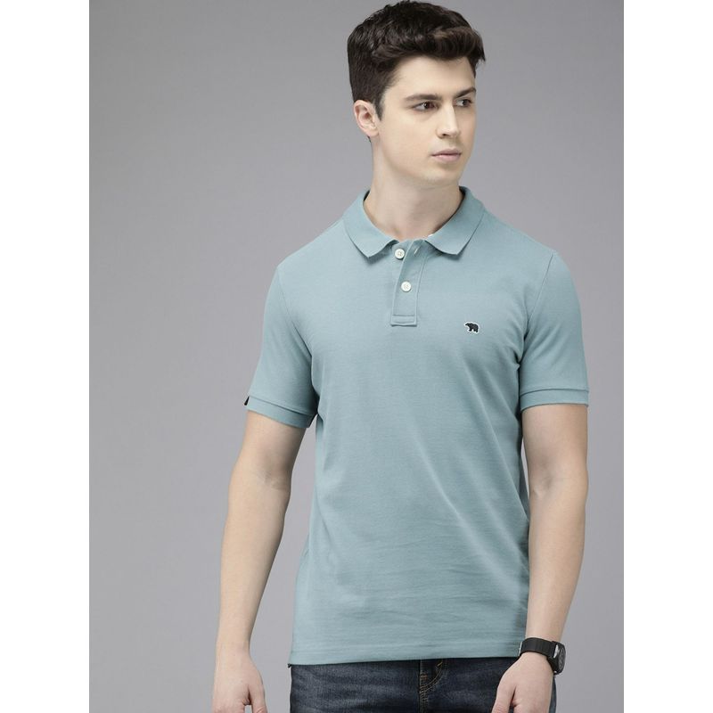 THE BEAR HOUSE Men Teal Blue Solid Slim Fit Polo Collar Pure Cotton T-shirt (2XL)