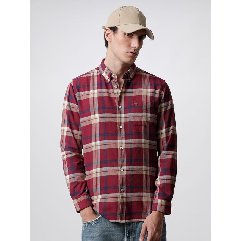 THE BEAR HOUSE Men Maroon & Blue Checked Slim Fit Flannel Cotton Casual Shirt (3XL)