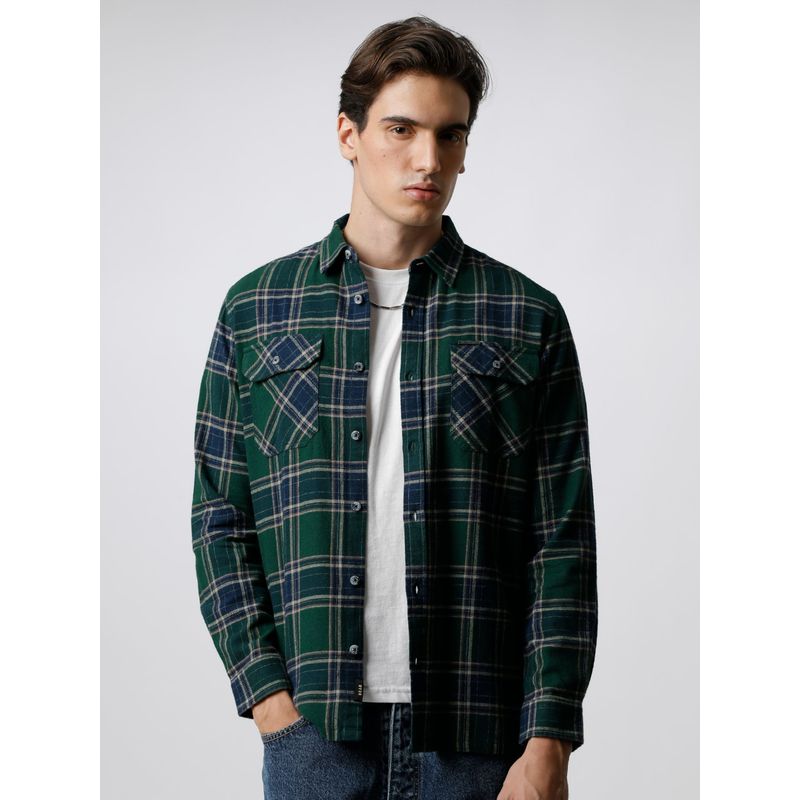 THE BEAR HOUSE Men Green & Blue Checked Flannel Cotton Casual Shirt with Flap Pockets (L)